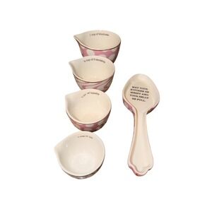 Cute Ceramic Measuring Cups Spoon Set Pink White Polka Dot Friendship Kindness